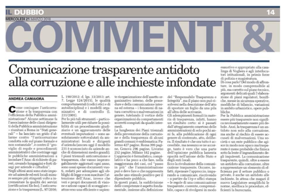 21 marzo 2018: L’importanza della comunicazione trasparente per contrastare la corruzione e le inchieste infondate (Andrea Camaiora sul Dubbio)